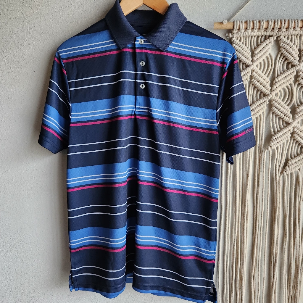 Ben Hogan Performance Golf Polo Navy Blue Pink Striped Size M Ventilated- Guc